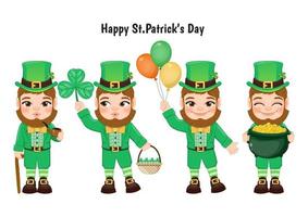 st. patrick s day card template mit leprechaun in einem grünen anzug. niedliche leprechaun diffarant aktivitätseinladungskarte zu einer irischen party im pub-cartoon-charakter-design-vektor vektor