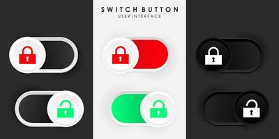 minimalistische Schalterknopfverriegelung im Neumorphismus-Design entsperren. einfach, modern und elegant. glatte und weiche 3D-Benutzeroberfläche. Lichtmodus und Dunkelmodus. für das Design von Websites oder Apps. Vektorillustration. vektor