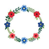 festlig 4:e av juli blommig krans med röd och blå blommor. oberoende dag dekor för kort design. isolerat på vit bakgrund. vektor