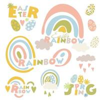 süßes Set bunter Regenbögen. sammlung von flachen vektorillustrationen für kinder. Perfekt für Kinder, Poster, Drucke, Postkarten, Stoff. zarte Farben und Regenbogeninschriften. drucken vektor