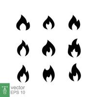 Feuer Flamme-Icon-Set. einfacher flacher Stil. leidenschaftssymbol, brennbares logo, grill, hitze, heiß, brennwarnkonzept, silhouettenzeichen. Vektor-Illustration-Sammlung isoliert auf weißem Hintergrund. Folge 10. vektor