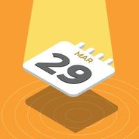 29. märz - 3d-kalender, der mit scheinwerfer auf gelbem hintergrund schwimmt vektor