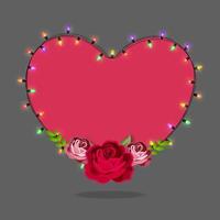 Lycklig hjärtans dag hälsning kort med elektrisk lampor, röd hjärta med rosor. vektor