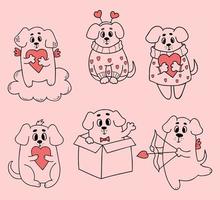 Sammlung romantische Hunde. süße haustiere mit herzen. Vektorillustration im Doodle-Stil. isolierte lineare handgezeichnete welpen verliebt in design und dekor von valentinstagen, liebespostkarten, druck. vektor