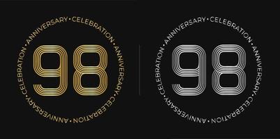 98: e födelsedag. nittio åtta år årsdag firande baner i gyllene och silver- färger. cirkulär logotyp med original- siffra design i elegant rader. vektor