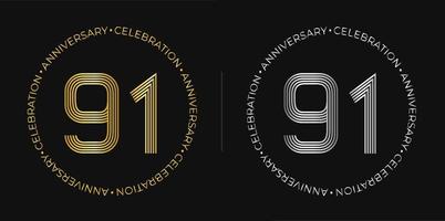 91: e födelsedag. nittioett år årsdag firande baner i gyllene och silver- färger. cirkulär logotyp med original- siffra design i elegant rader. vektor