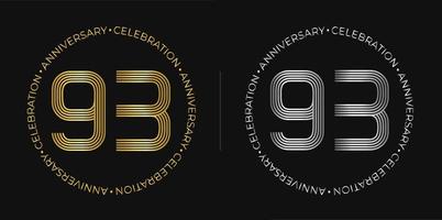 93: e födelsedag. 93 år årsdag firande baner i gyllene och silver- färger. cirkulär logotyp med original- siffra design i elegant rader. vektor