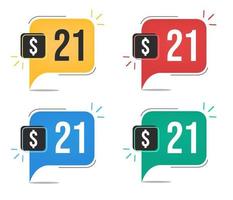 21 Dollar Preis. gelbe, rote, blaue und grüne währungsetiketten mit ballonkonzept. vektor