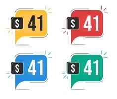 41 Dollar Preis. gelbe, rote, blaue und grüne Währungsumbauten mit Sprechblasenkonzeptvektor. vektor