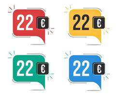22 euro pris. gul, röd, blå och grön valuta taggar med ballong begrepp. vektor