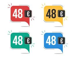 48 euro pris. gul, röd, blå och grön valuta taggar med Tal ballong begrepp vektor. vektor