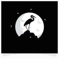 Reiher-Silhouette mit Mond-Hintergrund-Logo-Design-Vorlage vektor