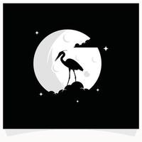 Reiher-Silhouette mit Mond-Hintergrund-Logo-Design-Vorlage vektor