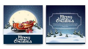 zweiseitige Postkarte des Weihnachtsplatzes mit Karikaturwinterlandschaft, großem gelbem Mond und Weihnachtsmannschlitten mit Geschenken vektor