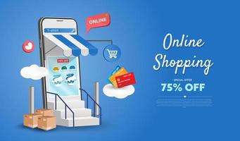 Online-Shopping-Shop auf Website und Handy-Design. Smart Business Marketing-Konzept. horizontale Ansicht. Vektorillustration.