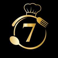 Restaurant-Logo auf Buchstabe 7-Konzept. kochmütze, löffel und gabel für restaurantlogo vektor