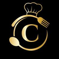 restaurang logotyp på brev c begrepp. kock hatt, sked och gaffel för restaurang logotyp vektor