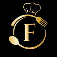 restaurant-logo auf buchstabe f-konzept. kochmütze, löffel und gabel für restaurantlogo vektor