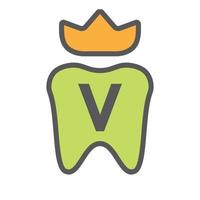 dental logotyp design på brev v krona symbol. dental vård logotyp tecken, klinik tand kung logotyp design med lyx vektor mall