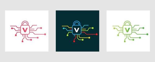 brev v cyber säkerhet logotyp. internet säkerhet tecken, cyber skydd, teknologi, bioteknik symbol vektor