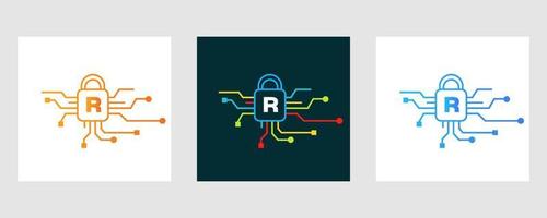 brev r cyber säkerhet logotyp. internet säkerhet tecken, cyber skydd, teknologi, bioteknik symbol vektor