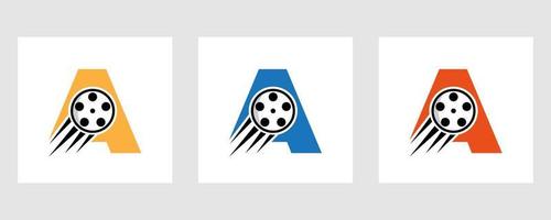 Schreiben Sie ein Film-Logo-Konzept mit Filmrolle für Medienzeichen, Filmregisseur-Symbol vektor