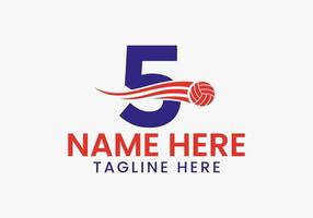 Buchstabe 5 Volleyball-Logo-Konzept mit beweglichem Volleyball-Symbol. Volleyball-Sport-Logo vektor