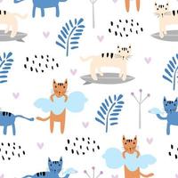nahtloses Muster mit niedlichen Katze bunten Kätzchen. kreative kindliche Textur. ideal für Stoff, Textilvektorillustration. vektor