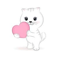 söt liten vit katt med hjärta, djur- tecknad serie illustration vektor