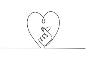 kontinuerlig linje ritning av kärlek tecken. en hand dras av hjärta och koreanskt finger. minimalism design på vit bakgrund vektor