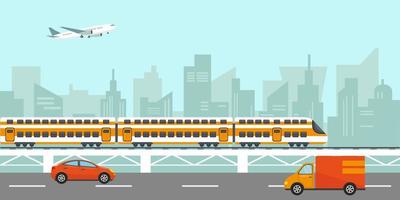 urbane stadtlandschaft mit gebäuden, hochgeschwindigkeitszug auf der brücke, autos auf der straße und flugzeug am himmel. Vektor-Illustration. vektor