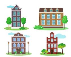 uppsättning av gammal stil hus med träd på vit bakgrund. stad eller stad vektor illustration.