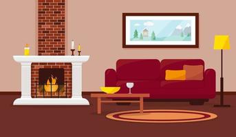 gemütliches wohnzimmer mit kamin, möbeln und bild an der wand. Innenarchitektur-Vektor-Illustration. vektor