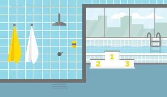 simning slå samman med stor fönster och dusch rum. vektor illustration.