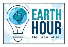 happy earth hour day illustration mit glühbirne, weltkarte und zeit zum ausschalten in handgezeichneten landingpage-vorlagen der flachen schlafkarikatur vektor