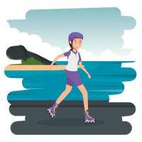 glad atletisk flicka i skridskor på stranden vektor