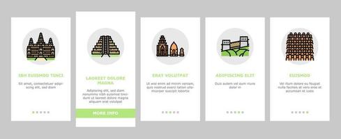 Asien byggnad och landa scape onboarding ikoner uppsättning vektor