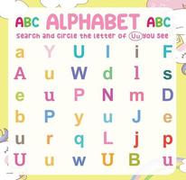 Suchen und kreisen Sie die Groß- und Kleinbuchstaben auf dem Arbeitsblatt ein. Übung für Kinder, um das Alphabet zu erkennen. Lernblatt für die Vorschule. Vektordatei. vektor