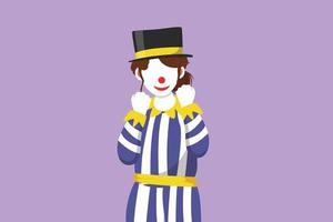 tecknad serie platt stil teckning kvinna clown stående med fira gest bär hatt och leende ansikte smink. underhålla barn unge på födelsedag fest eller cirkus show. grafisk design vektor illustration