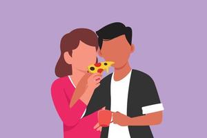 zeichen flache zeichnung junges paar teilen pizza geschnitten. mann und frau essen zusammen italienische pizza. Feiern Sie Jubiläen und genießen Sie ein romantisches Mittagessen im Restaurant. Cartoon-Design-Vektor-Illustration vektor