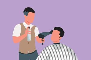 tecknad serie platt stil teckning av aktiva barberare gör hår styling med hår spray efter frisyr på barberare affär. ung stilig man få frisyr i modern hår salong. grafisk design vektor illustration