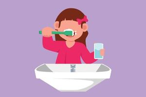 tecknad serie platt stil teckning liten flicka pensling henne tänder i handfat. barn rutin- vanor varje morgon- för renlighet, hälsa, och friskhet av mun och tänder. grafisk design vektor illustration