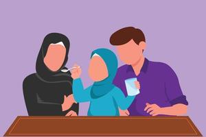 grafisk platt design teckning ung familj har frukost tillsammans med flingor och glas av mjölk på Hem. dotter matar henne mor med kärlek. Lycklig arab familj. tecknad serie stil vektor illustration