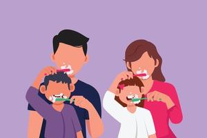 karaktär platt teckning av Lycklig barn och föräldrar pensling deras tänder varje Övrig i de badrum. rutin- vanor för oral och dental hygien. friska tänder kampanj. tecknad serie design vektor illustration