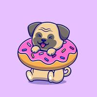 süßer mops mit donut-cartoon-vektor-symbol-illustration. Tierfutter-Icon-Konzept isolierter Premium-Vektor. flacher Cartoon-Stil vektor