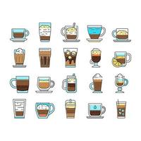 kaffe typer energi morgon dryck ikoner som vektor