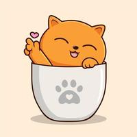 Orangefarbene Katze in der Tasse winkt mit Pfotenkarikatur - orangefarbene Pussy-Katze liebt Handvektor vektor