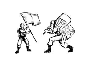 Hand gezeichneter Soldat, der Flaggenillustration lokalisiert auf weißem Hintergrund bringt. monochromer Soldat, der Flaggenillustration lokalisiert auf weißem Hintergrund bringt. vektor