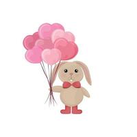 en hare med ballonger. söt leende kanin med ballonger i de form av hjärtan. tecknad serie kanin lyckönskningar Lycklig hjärtans dag. vektor illustration isolerat på en vit bakgrund