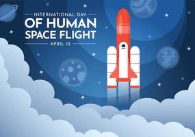 internationell mänsklig Plats flyg dag på april 12 illustration med raket och barn astronaut i platt tecknad serie hand dragen för landning sida mallar vektor